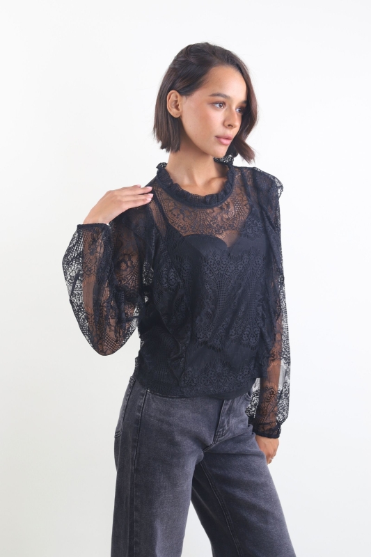 Schwarze Spitzenbluse mit Volants